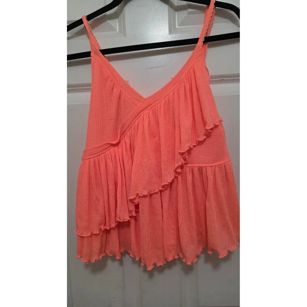 Free People Cami Top Womens Medium Neon Coral Orange Ribbed Ruffle Boho Peplum‎